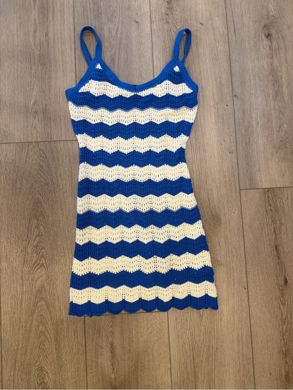 Vici Blue and Cream Chevron Crochet Tank Dress